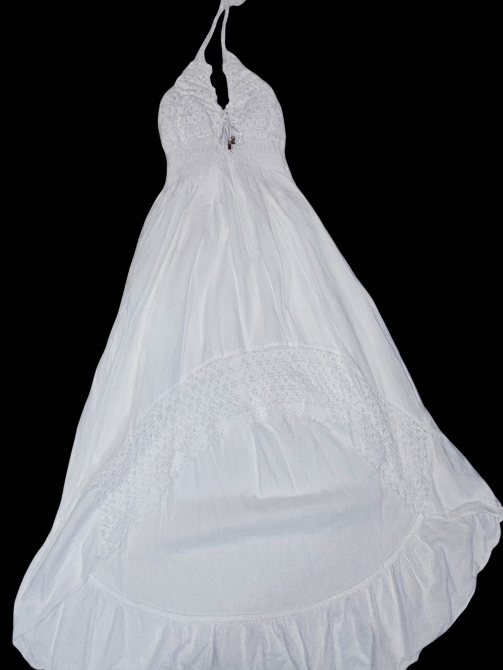 White Halter High-Low Maxi Dress with Lace Bodice